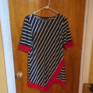 Tiana B. Black and White Striped Tunic Shirt with Red Highlights
